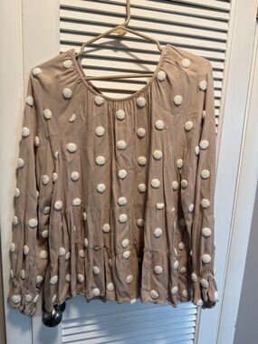 Blu Pepper Beige Pom-Pom Tiered Blouse